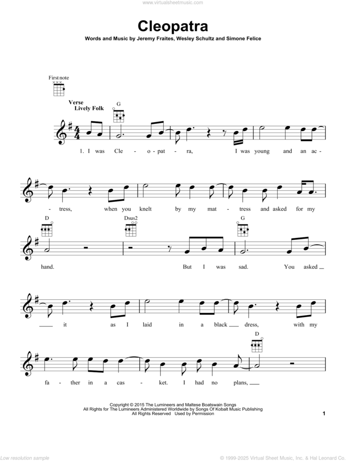 Cleopatra sheet music for ukulele by The Lumineers, Jeremy Fraites, Simone Felice and Wesley Schultz, intermediate skill level