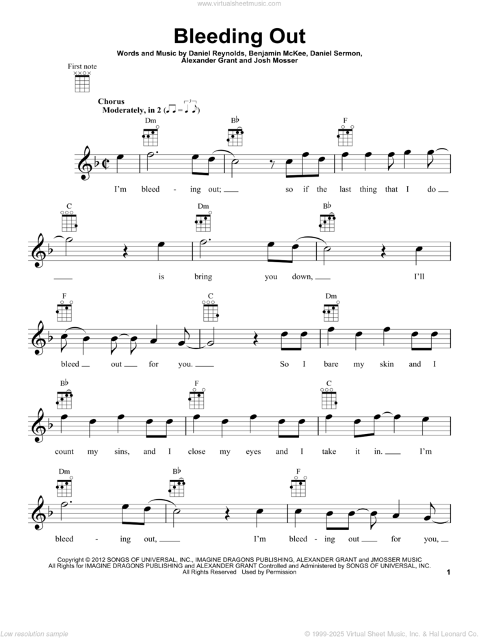 Bleeding Out sheet music for ukulele by Imagine Dragons, Alexander Grant, Benjamin McKee, Daniel Reynolds, Daniel Sermon and Josh Mosser, intermediate skill level