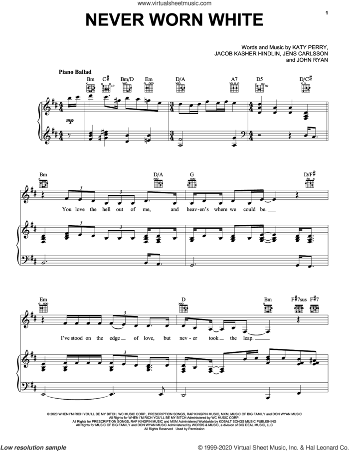 Never Worn White sheet music for voice, piano or guitar by Katy Perry, Jacob Kasher Hindlin, Jens Carlsson and John Ryan, intermediate skill level