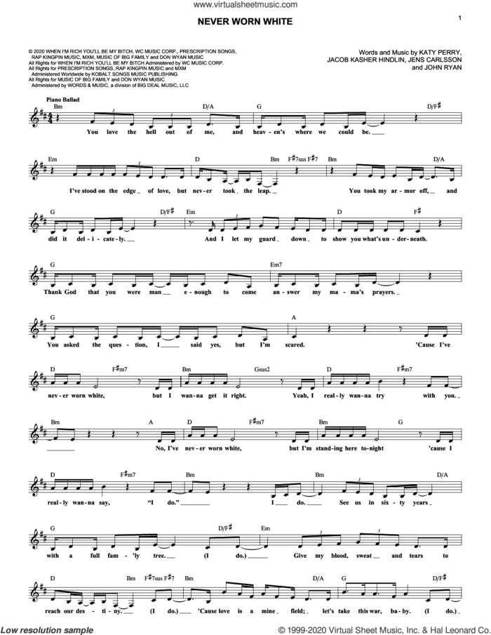 Never Worn White sheet music for voice and other instruments (fake book) by Katy Perry, Jacob Kasher Hindlin, Jens Carlsson and John Ryan, intermediate skill level