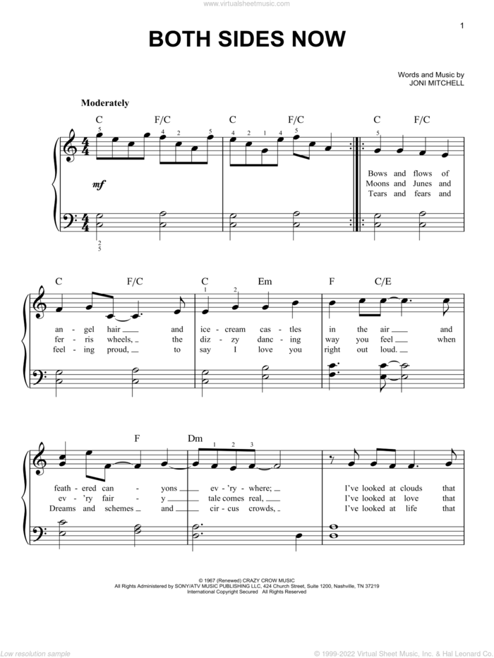 Both Sides Now sheet music for piano solo by Judy Collins and Joni Mitchell, beginner skill level