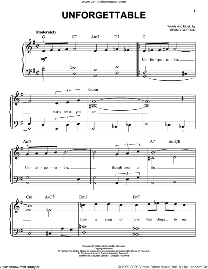 Unforgettable sheet music for piano solo by Nat King Cole and Irving Gordon, beginner skill level