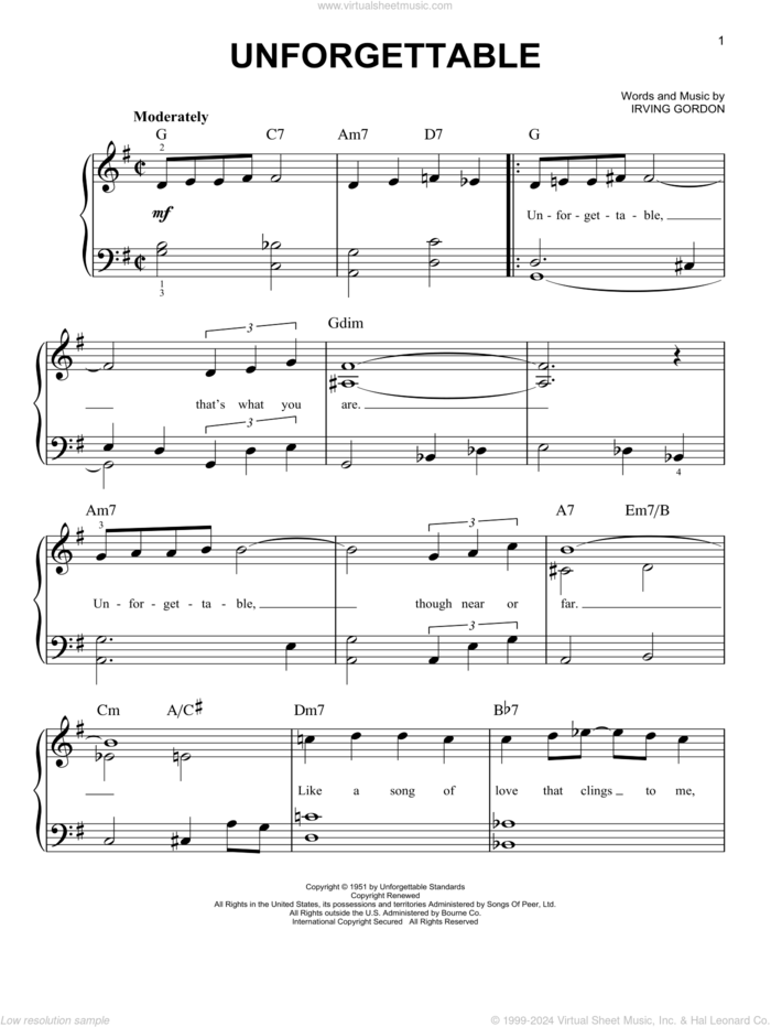 Unforgettable sheet music for piano solo by Nat King Cole and Irving Gordon, beginner skill level