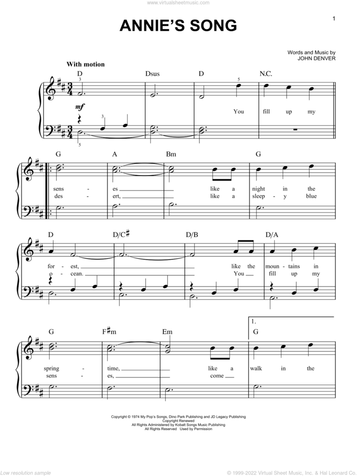 Annie's Song sheet music for piano solo by John Denver, beginner skill level