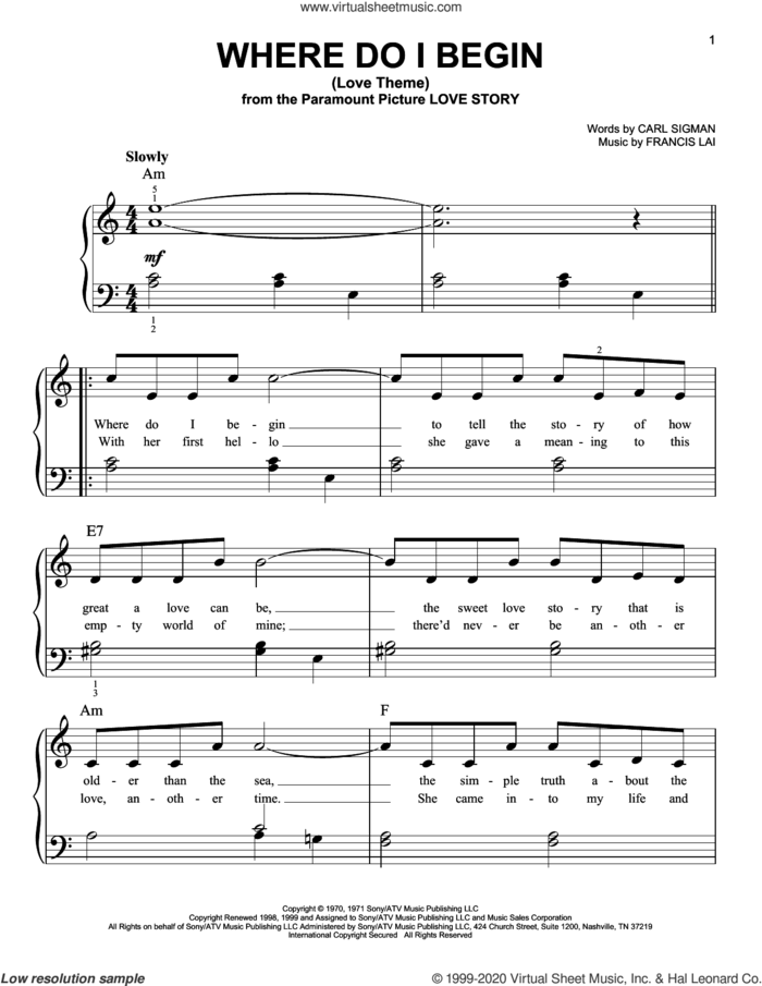 Where Do I Begin (Love Theme), (beginner) sheet music for piano solo by Andy Williams, Carl Sigman and Francis Lai, beginner skill level