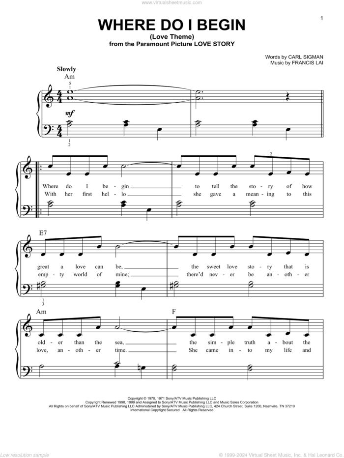 Where Do I Begin (Love Theme), (beginner) sheet music for piano solo by Andy Williams, Carl Sigman and Francis Lai, beginner skill level