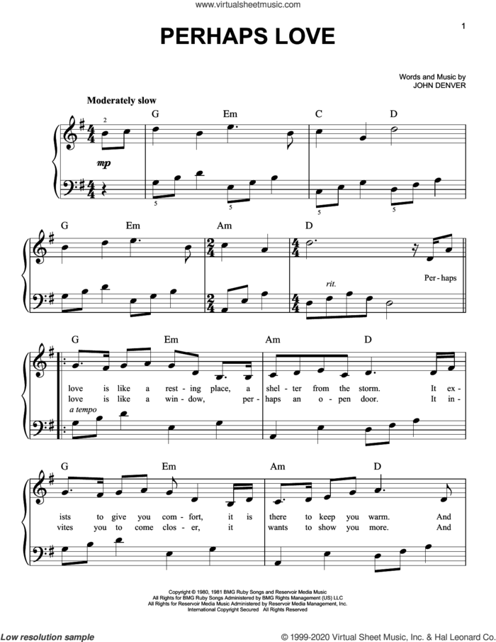 Perhaps Love, (beginner) sheet music for piano solo by John Denver and Placido Domingo and John Denver, wedding score, beginner skill level