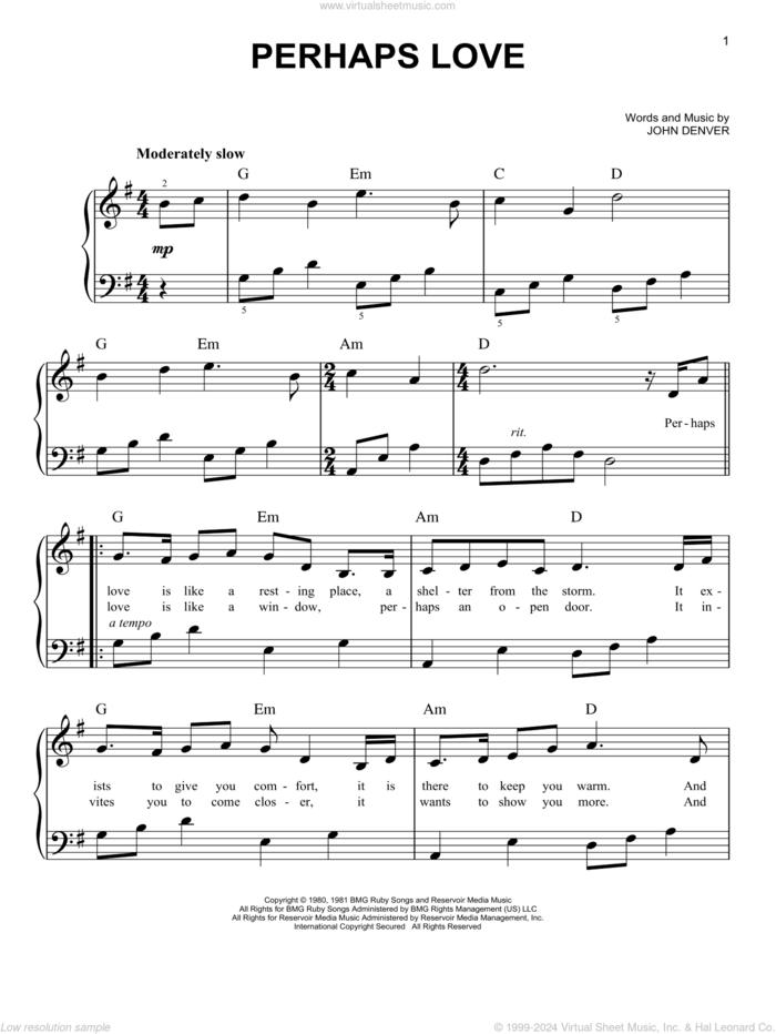 Perhaps Love, (beginner) sheet music for piano solo by John Denver and Placido Domingo and John Denver, wedding score, beginner skill level