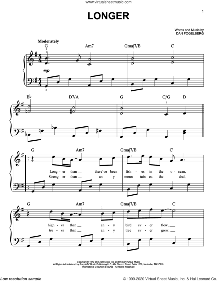 Longer, (beginner) sheet music for piano solo by Dan Fogelberg, beginner skill level