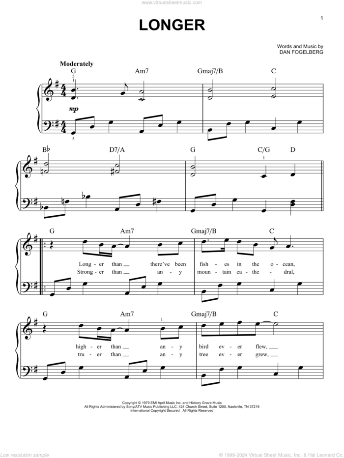 Longer, (beginner) sheet music for piano solo by Dan Fogelberg, beginner skill level