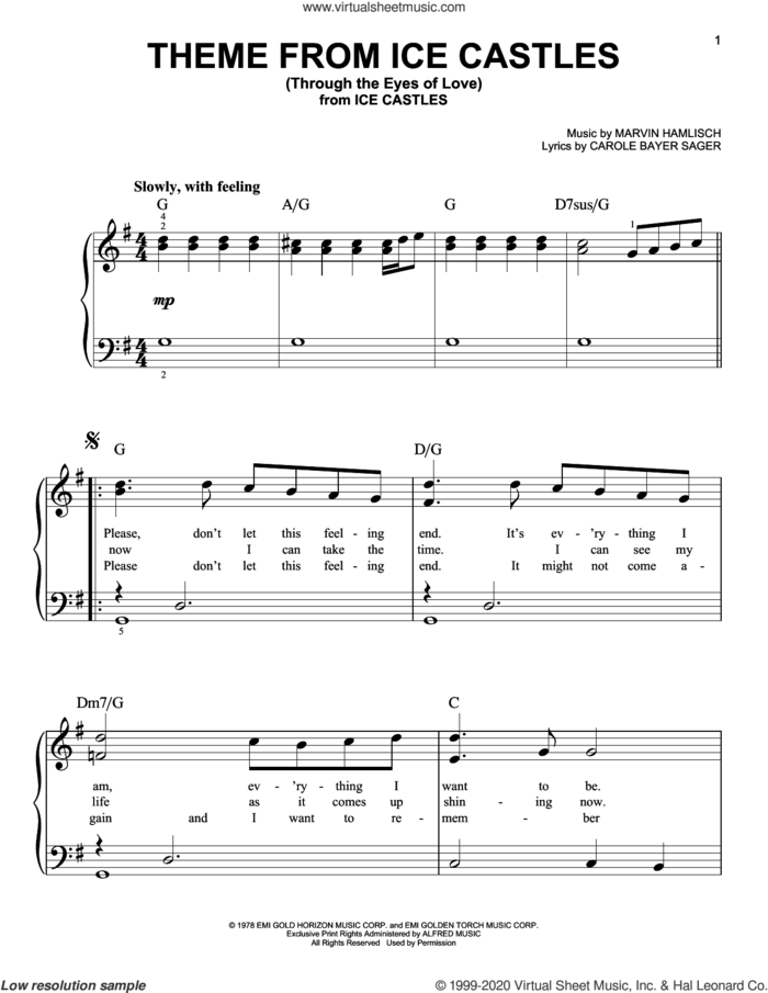 Theme From Ice Castles (Through The Eyes Of Love), (beginner) sheet music for piano solo by Carole Bayer Sager and Marvin Hamlisch, beginner skill level