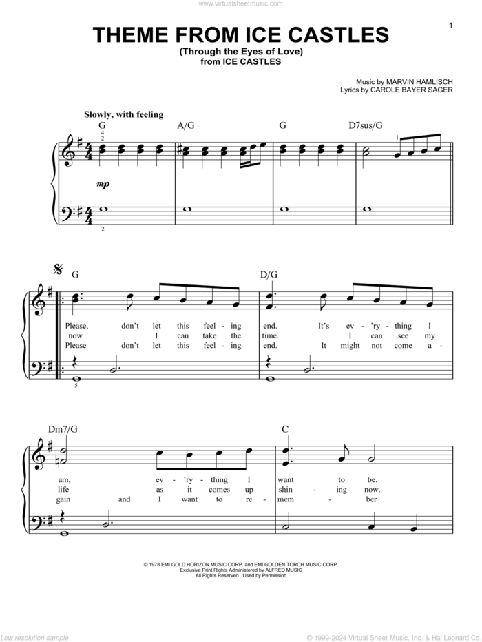 Theme From Ice Castles (Through The Eyes Of Love), (beginner) sheet music for piano solo by Carole Bayer Sager and Marvin Hamlisch, beginner skill level