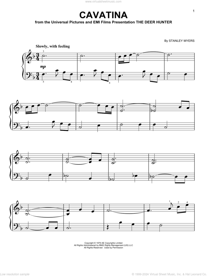 Cavatina sheet music for piano solo by Stanley Myers, classical score, beginner skill level