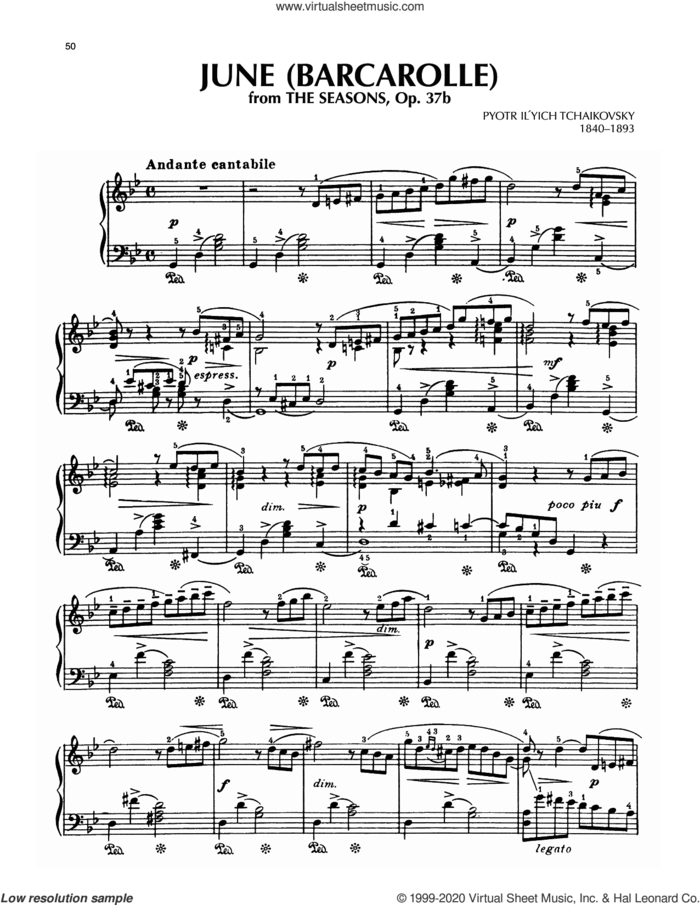 June: Barcarolle, Op. 37a/b sheet music for piano solo by Pyotr Ilyich Tchaikovsky, classical score, intermediate skill level
