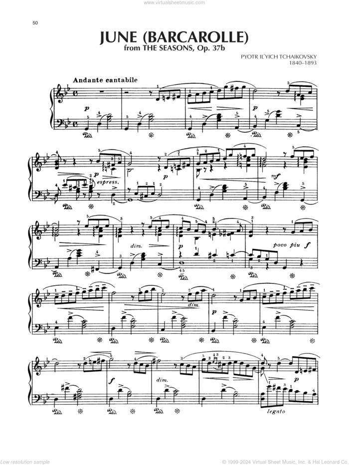 June: Barcarolle, Op. 37a/b sheet music for piano solo by Pyotr Ilyich Tchaikovsky, classical score, intermediate skill level