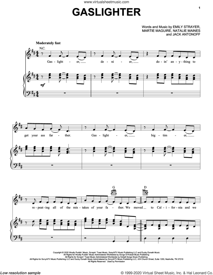 Gaslighter sheet music for voice, piano or guitar by The Chicks, Dixie Chicks, Emily Strayer, Jack Antonoff, Martie Maguire and Natalie Maines, intermediate skill level