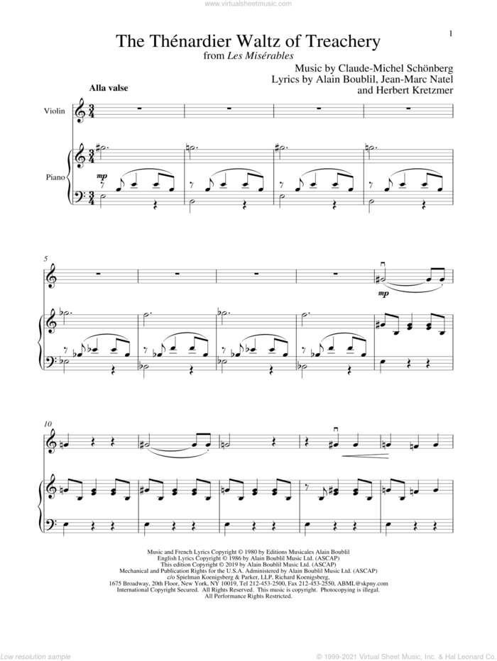 The Thenardier Waltz Of Treachery (from Les Miserables) sheet music for violin and piano by Alain Boublil, Boublil and Schonberg, Claude-Michel Schonberg, Herbert Kretzmer and Jean-Marc Natel, intermediate skill level