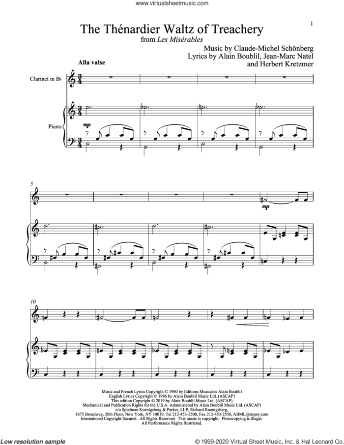 The Thenardier Waltz Of Treachery (from Les Miserables) sheet music for clarinet and piano by Alain Boublil, Boublil and Schonberg, Claude-Michel Schonberg, Herbert Kretzmer and Jean-Marc Natel, intermediate skill level
