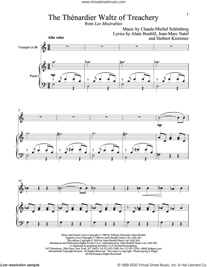 The Thenardier Waltz Of Treachery (from Les Miserables) sheet music for trumpet and piano by Alain Boublil, Boublil and Schonberg, Claude-Michel Schonberg, Herbert Kretzmer and Jean-Marc Natel, intermediate skill level