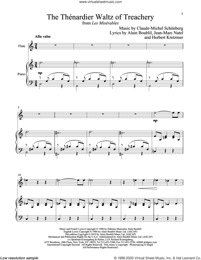 The Thenardier Waltz Of Treachery (from Les Miserables) sheet music for flute and piano by Alain Boublil, Boublil and Schonberg, Claude-Michel Schonberg, Herbert Kretzmer and Jean-Marc Natel, intermediate skill level
