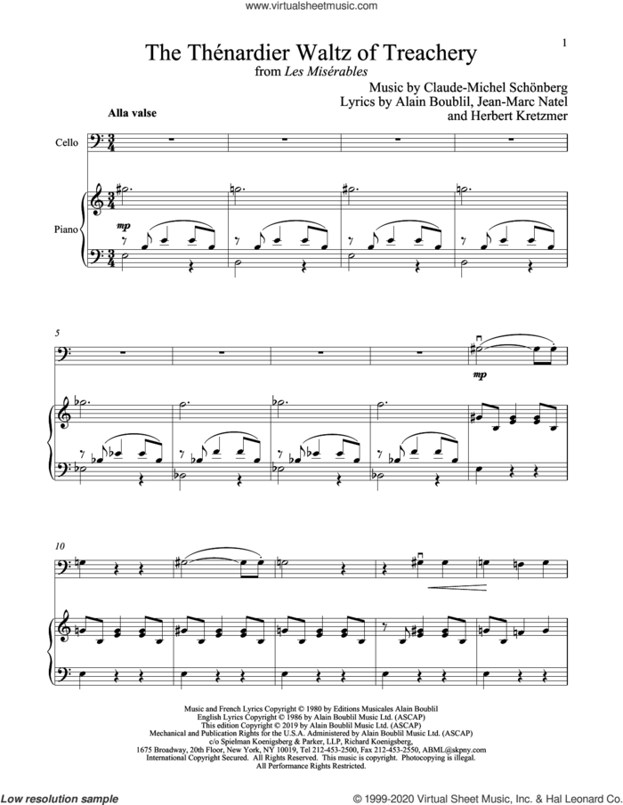 The Thenardier Waltz Of Treachery (from Les Miserables) sheet music for cello and piano by Alain Boublil, Boublil and Schonberg, Claude-Michel Schonberg, Herbert Kretzmer and Jean-Marc Natel, intermediate skill level