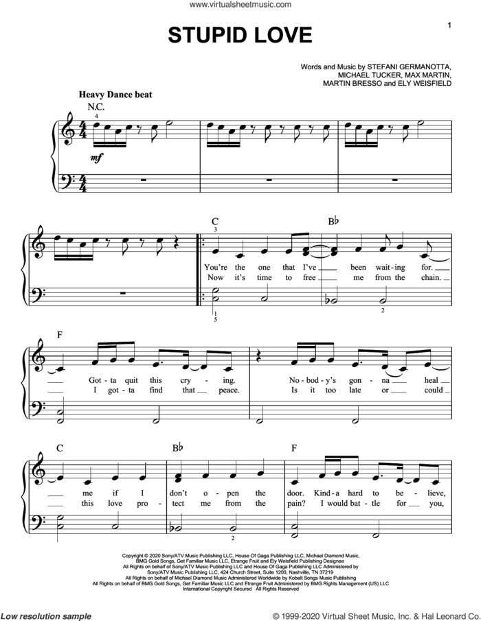 Stupid Love sheet music for piano solo by Lady Gaga, Ely Weisfield, Martin Bresso, Max Martin and Michael Tucker, easy skill level
