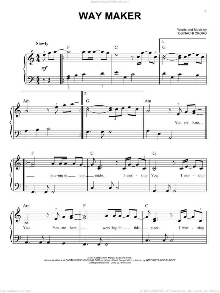 Way Maker sheet music for piano solo by Sinach and Osinachi Okoro, easy skill level