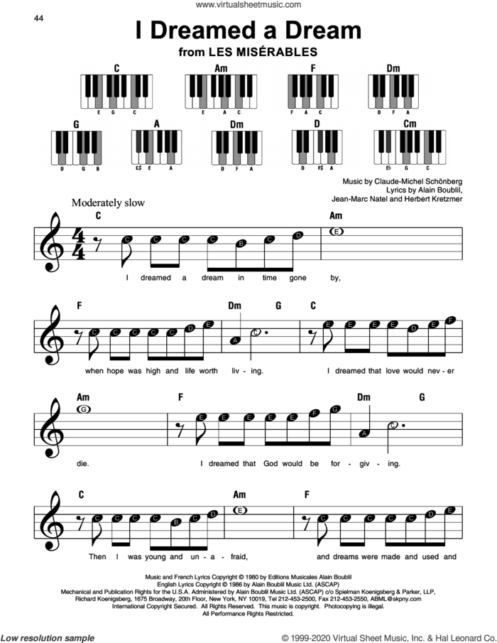 I Dreamed A Dream (from Les Miserables), (beginner) sheet music for piano solo by Alain Boublil, Boublil and Schonberg, Claude-Michel Schonberg, Herbert Kretzmer and Jean-Marc Natel, beginner skill level