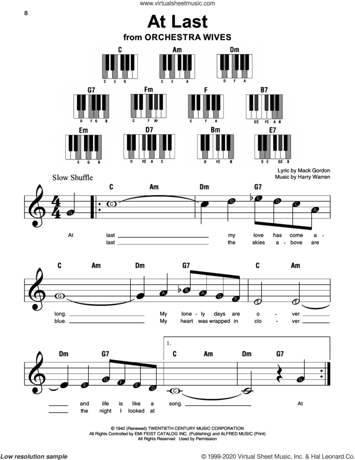 At Last sheet music for piano solo by Etta James, Harry Warren and Mack Gordon, beginner skill level