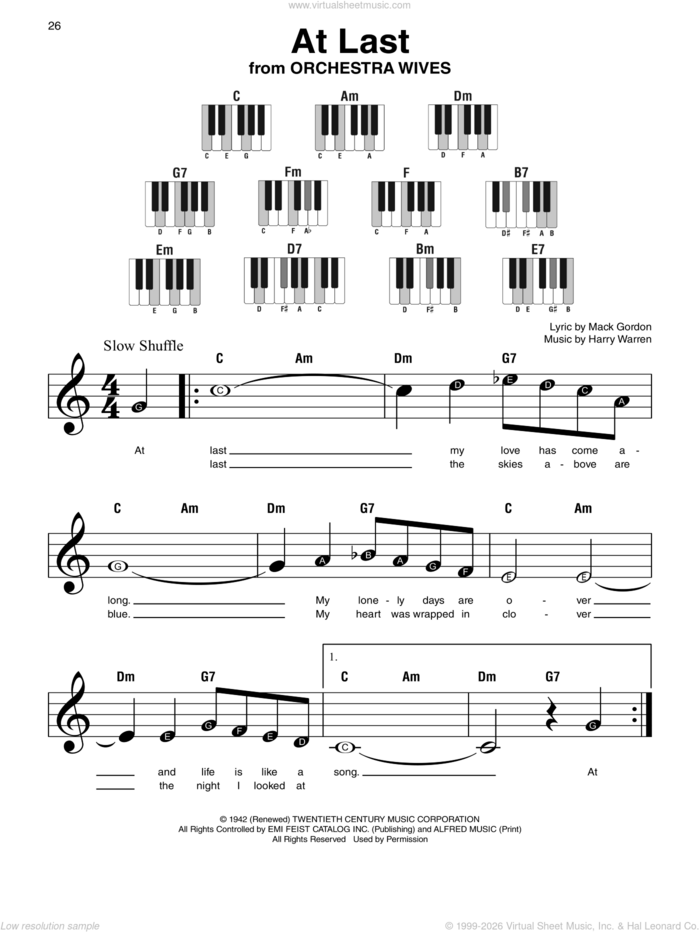 At Last sheet music for piano solo by Etta James, Harry Warren and Mack Gordon, wedding score, beginner skill level