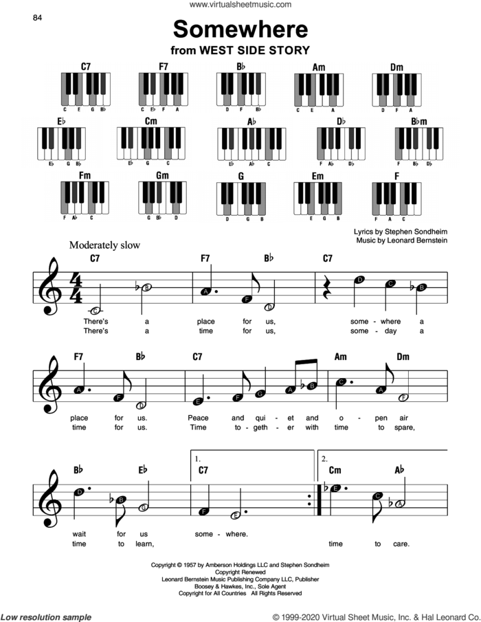 Somewhere (from West Side Story) sheet music for piano solo by Stephen Sondheim and Leonard Bernstein, beginner skill level