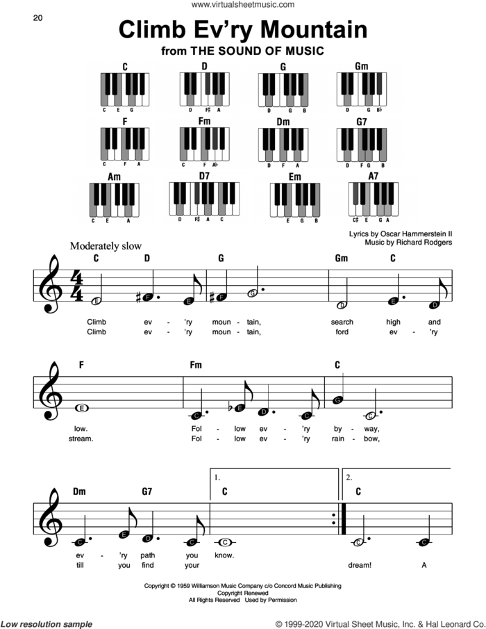 Climb Ev'ry Mountain (from The Sound Of Music) sheet music for piano solo by Richard Rodgers, Oscar II Hammerstein and Rodgers & Hammerstein, beginner skill level