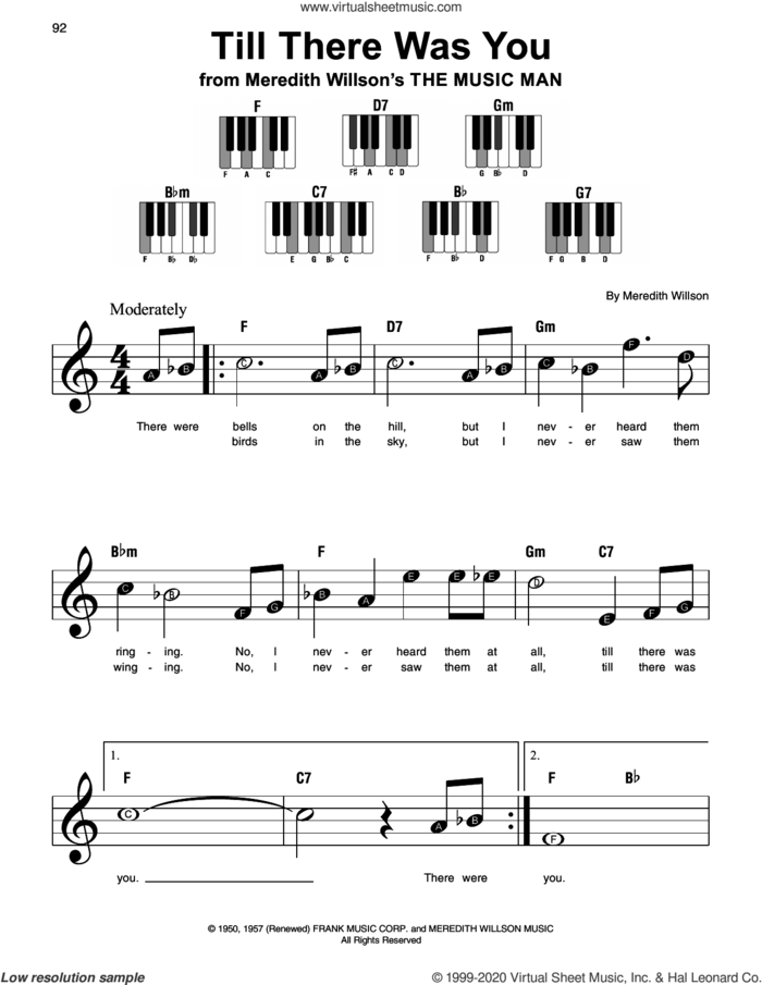 Till There Was You (from The Music Man), (beginner) (from The Music Man) sheet music for piano solo by Meredith Willson, wedding score, beginner skill level