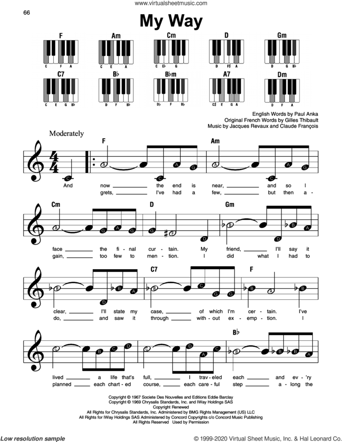 My Way sheet music for piano solo by Frank Sinatra, Claude Francois, Gilles Thibault, Jacques Revaux and Paul Anka, beginner skill level