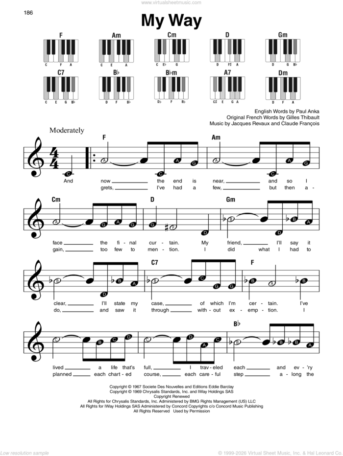 My Way sheet music for piano solo by Frank Sinatra, Claude Francois, Gilles Thibault, Jacques Revaux and Paul Anka, beginner skill level