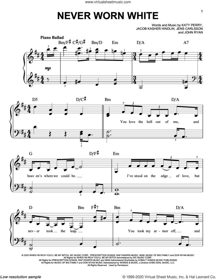 Never Worn White sheet music for piano solo by Katy Perry, Jacob Kasher Hindlin, Jens Carlsson and John Ryan, easy skill level