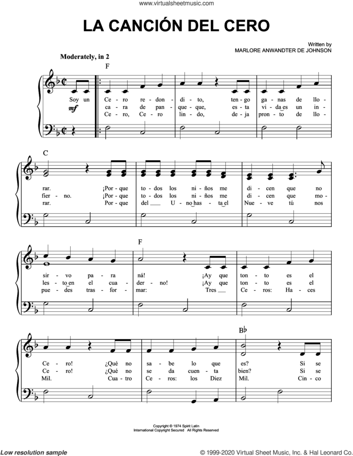 La Cancion Del Cero sheet music for piano solo by Marlore Anwandter de Johnson, easy skill level