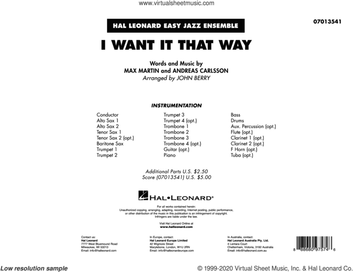 I Want It That Way (arr. John Berry) (COMPLETE) sheet music for jazz band by Max Martin, Andreas Carlsson, Backstreet Boys and John Berry, intermediate skill level