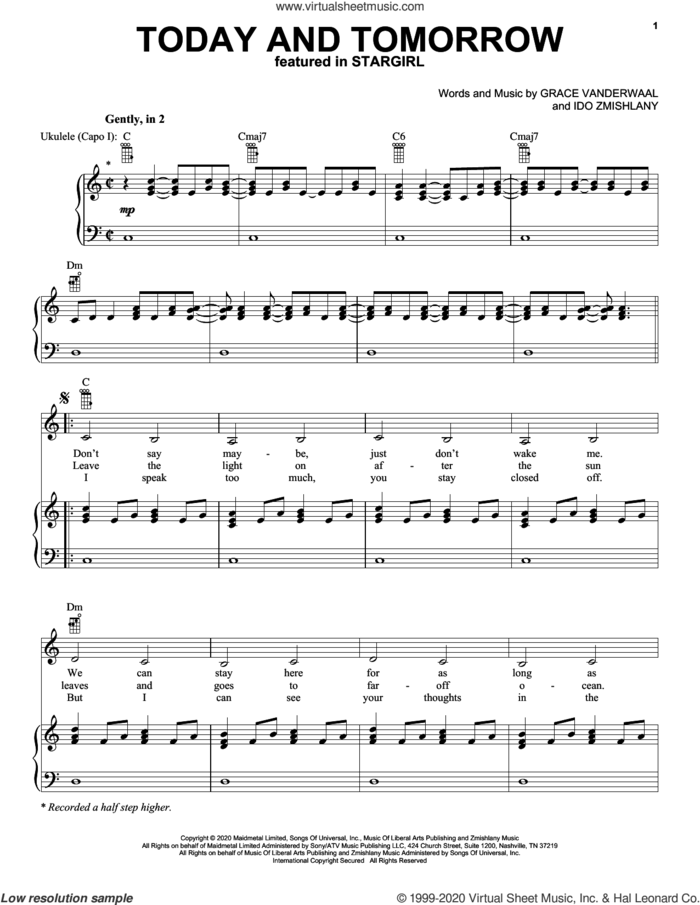Today And Tomorrow (from Disney's Stargirl) sheet music for voice, piano or guitar by Grace VanderWaal and Ido Zmishlany, intermediate skill level
