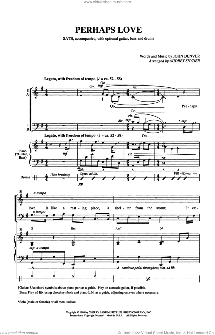 Perhaps Love (arr. Audrey Snyder) sheet music for choir (SATB: soprano, alto, tenor, bass) by John Denver and Audrey Snyder, intermediate skill level