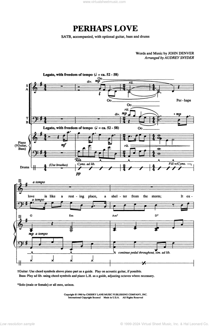 Perhaps Love (arr. Audrey Snyder) sheet music for choir (SATB: soprano, alto, tenor, bass) by John Denver and Audrey Snyder, intermediate skill level