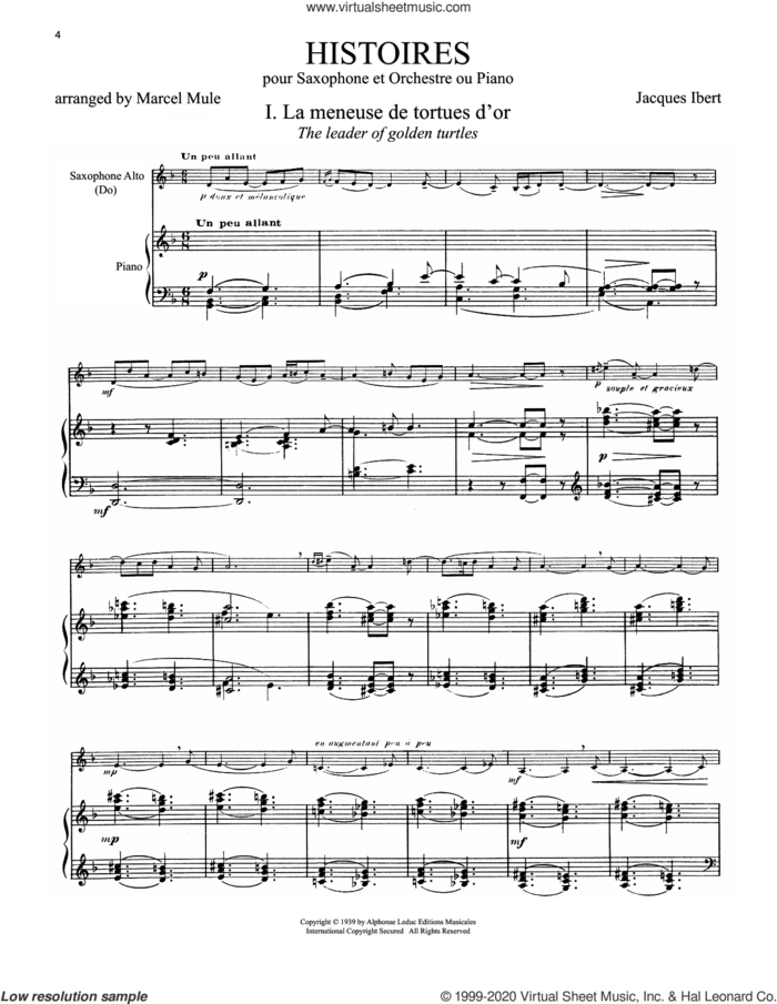 Histoires (arr. Marcel Mule) sheet music for alto saxophone and piano by Jacques Ibert and Marcel Mule, classical score, intermediate skill level