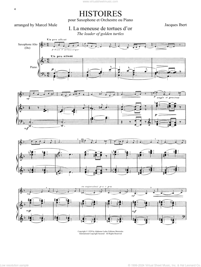 Histoires (arr. Marcel Mule) sheet music for alto saxophone and piano by Jacques Ibert and Marcel Mule, classical score, intermediate skill level