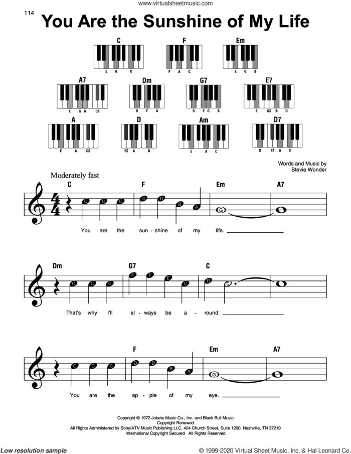 You Are The Sunshine Of My Life sheet music for piano solo by Stevie Wonder, beginner skill level