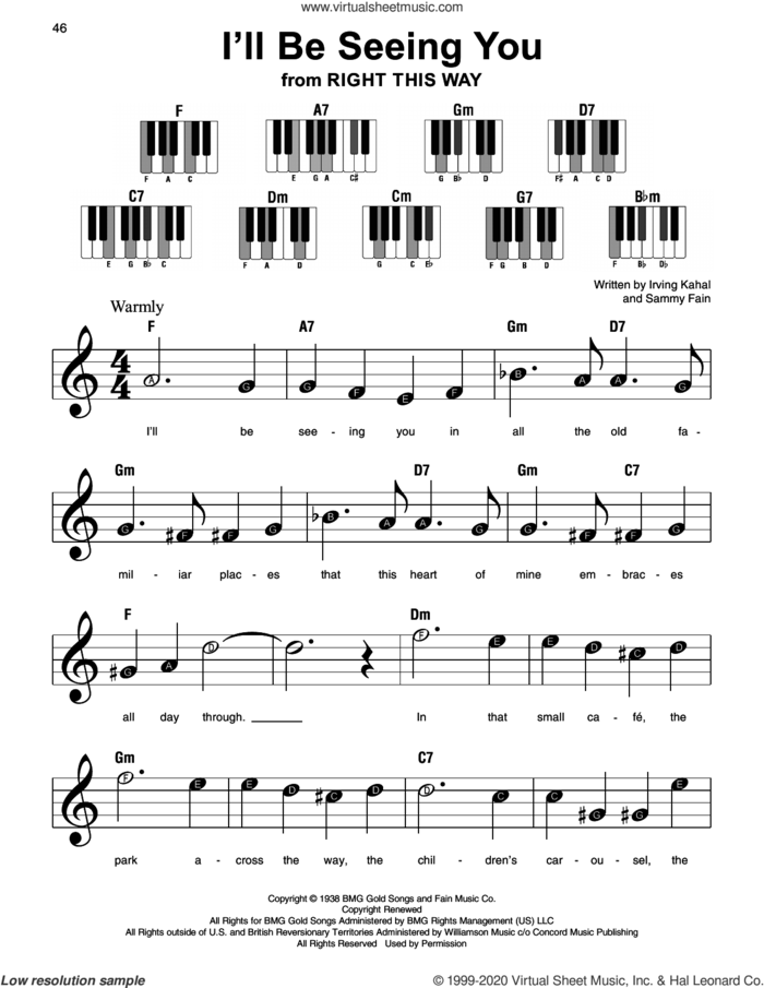 I'll Be Seeing You (from Right This Way) sheet music for piano solo by Sammy Fain, Irving Kahal and Irving Kahal & Sammy Fain, beginner skill level