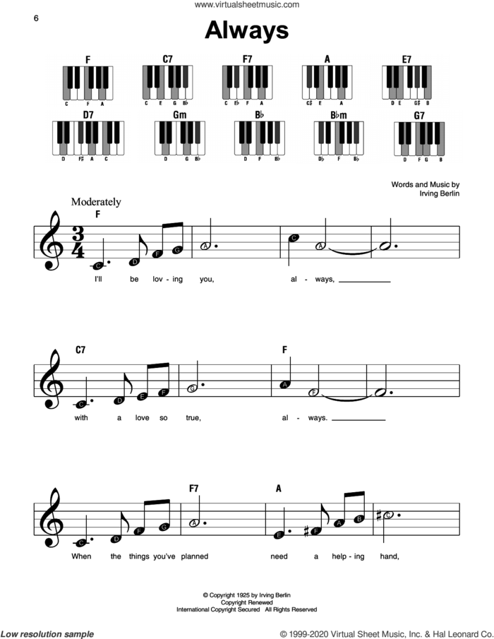 Always, (beginner) sheet music for piano solo by Irving Berlin, beginner skill level