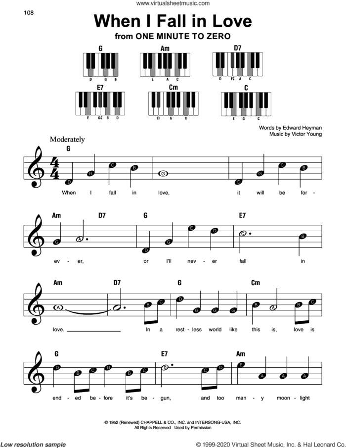 When I Fall In Love (from One Minute To Zero) sheet music for piano solo by Victor Young and Edward Heyman, beginner skill level