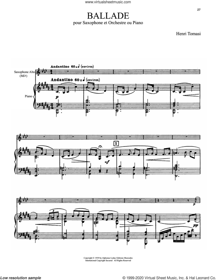 Ballade sheet music for alto saxophone and piano by Henri Tomasi, classical score, intermediate skill level