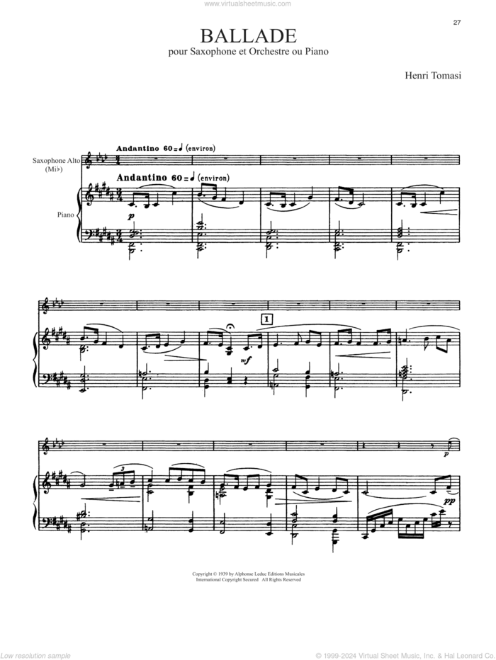 Ballade sheet music for alto saxophone and piano by Henri Tomasi, classical score, intermediate skill level