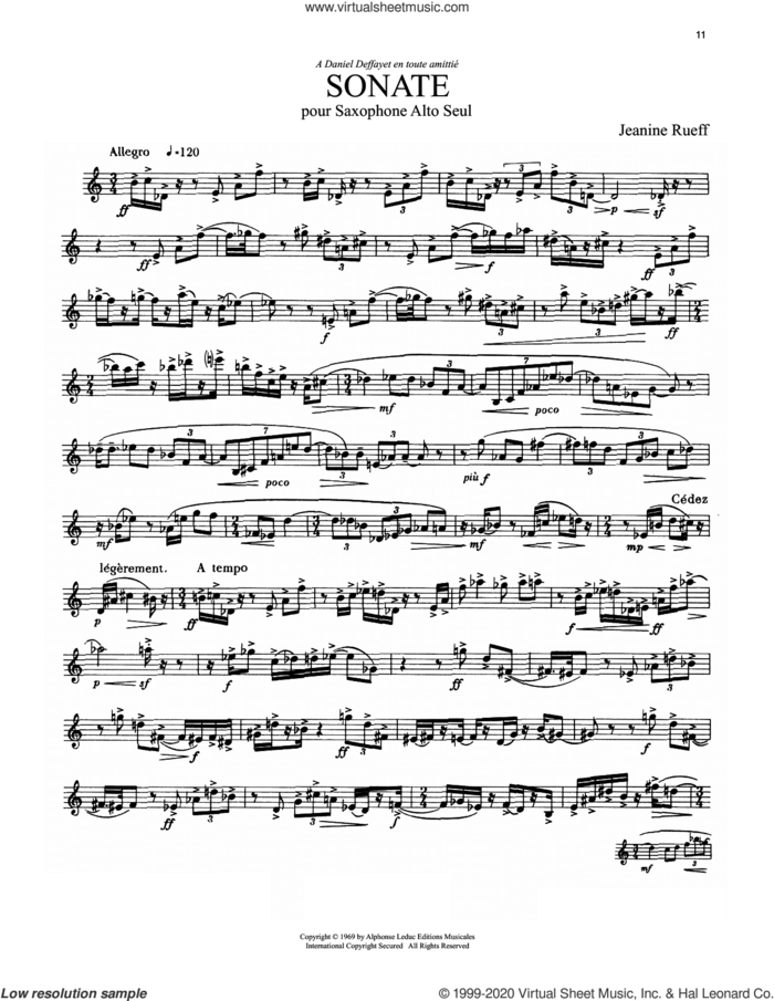 Sonate sheet music for alto saxophone solo by Jeanine Rueff, classical score, intermediate skill level